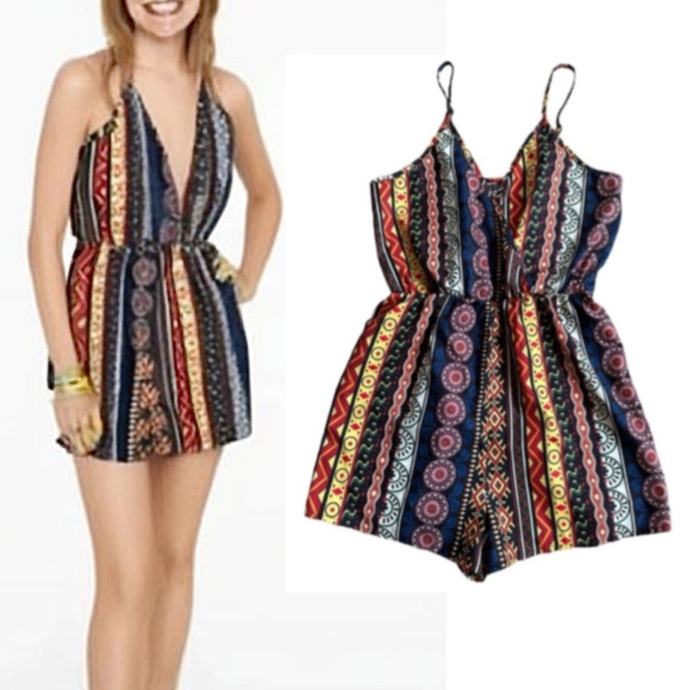 Boho Summer Multi Colored Spaghetti Strap Colorful Romper Size Medium
